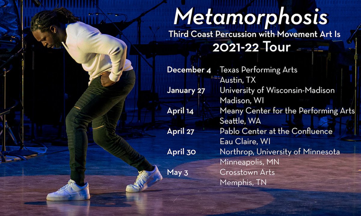 ThirdCoastPerc's tweet photo. Our Metamorphosis tour continues! Next up: Seattle, Eau Claire, Minneapolis, and Memphis๐๐ฅ
๐๏ธ: https://t.co/WoGydFWmjP
@MeanyCenter @PabloCenterEC @NorthropUMN @CrosstownArts
๐ถ @Jlin_P #TyondaiBraxton @philipglass
๐บ๐ฟ@JonBoogz #LilBuckDaLegend #CameronMurphy @MOVES4MOVES https://t.co/HT0aZuIFCv