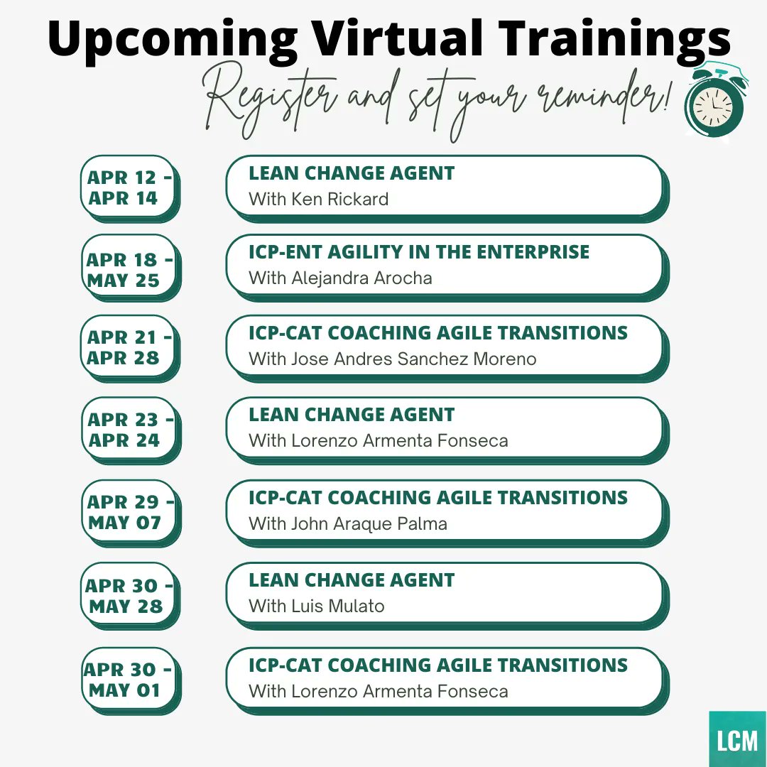 LeanChangeOrg's tweet photo. Upcoming Training schedule of Lean Change Agent, ICP-CAT &amp; ICP-ENT workshops. 
More details &amp; registration at https://t.co/nHiawmtVIt.
#leanchange #perspectivesofchange #changemanagement #change  #changeagents #transformation #agile #hr #modernchange #changeagility https://t.co/EF4ny2nvZy