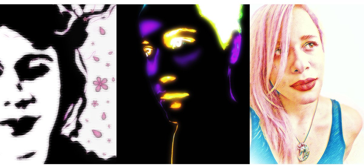 PendragonArk's tweet photo. I haven't mastered animal themes, (have been doing lots of florals &amp; mandelbrots/ fractals) but I'm trying my hand at the human animal, with portrait art. I made two versions of the flower tree portrait, one with triangular facets, one more animation like.🖌️🎨#tuesday #art #vibes https://t.co/bB8EmWZsy0