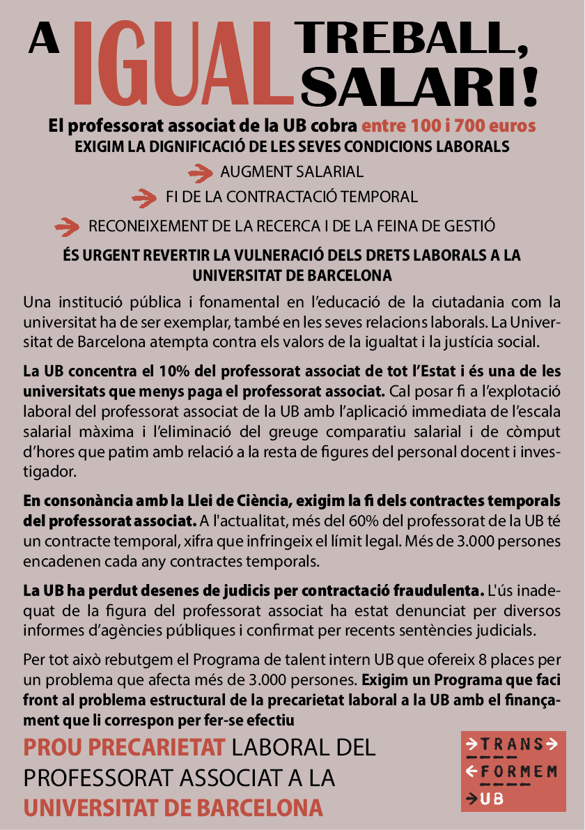 TransformemUB's tweet photo. Coneixes algú a la @UniBarcelona? Saps q el 60% del professorat cobra entre entre 100 i 700 euros i q això és IL·LEGAL?
Oi @RectorUB @joanguardia?
FINANÇAMENT ja! @GemmaGeis @universitatscat
REGULARITZACIÓ ja! @subirats9  @UniversidadGov 
lNSPECCIÓ DE TREBALL ja! @Yolanda_Diaz_ https://t.co/KsLakf0PRy
