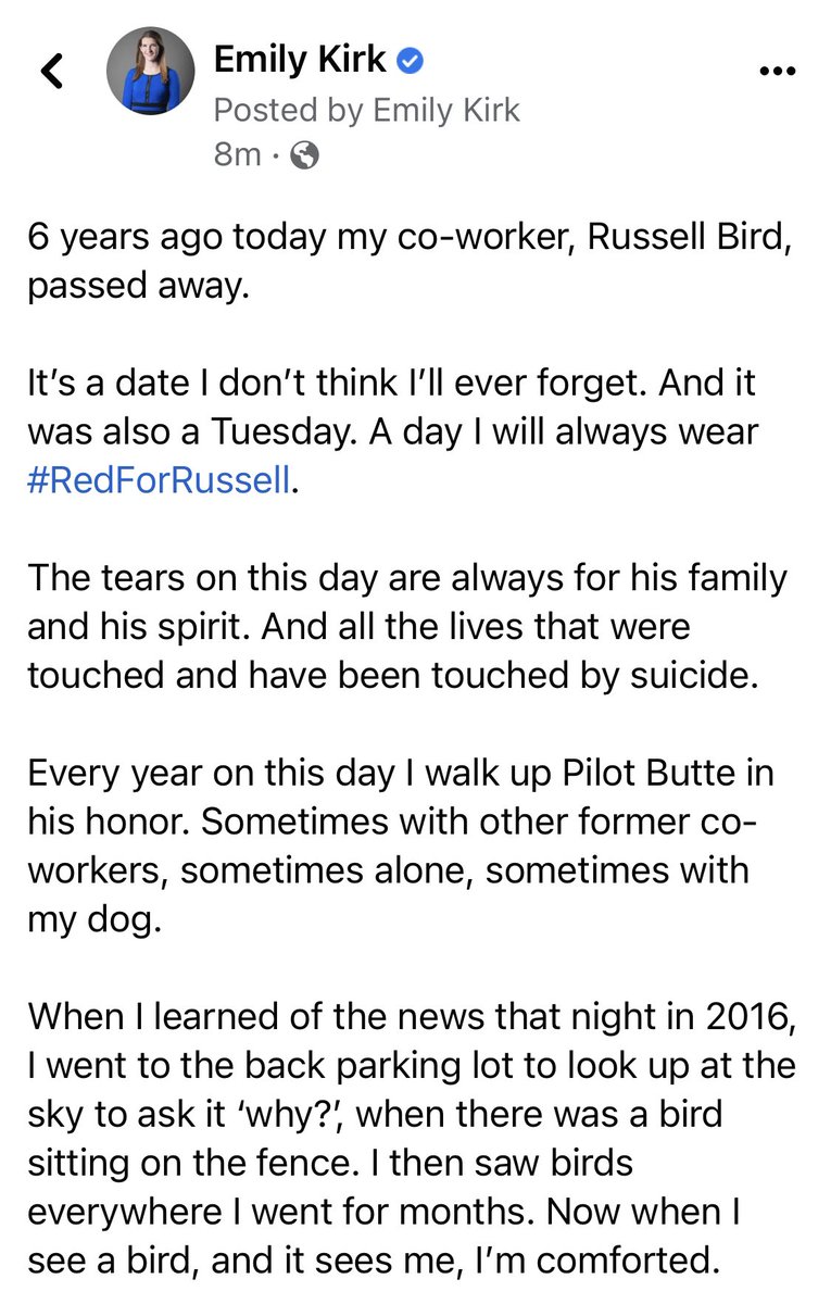 EmilyKirk_'s tweet photo. 6 years ago today my co-worker, Russell Bird, passed away #inBend.

It’s a date I’ll always wear #RedForRussell ❤️

If you or someone you know is struggling with mental health there are many ways to get help (please reach out).

National Suicide Prevention Lifeline:
800-273-8255 https://t.co/qOtNpjB7hO