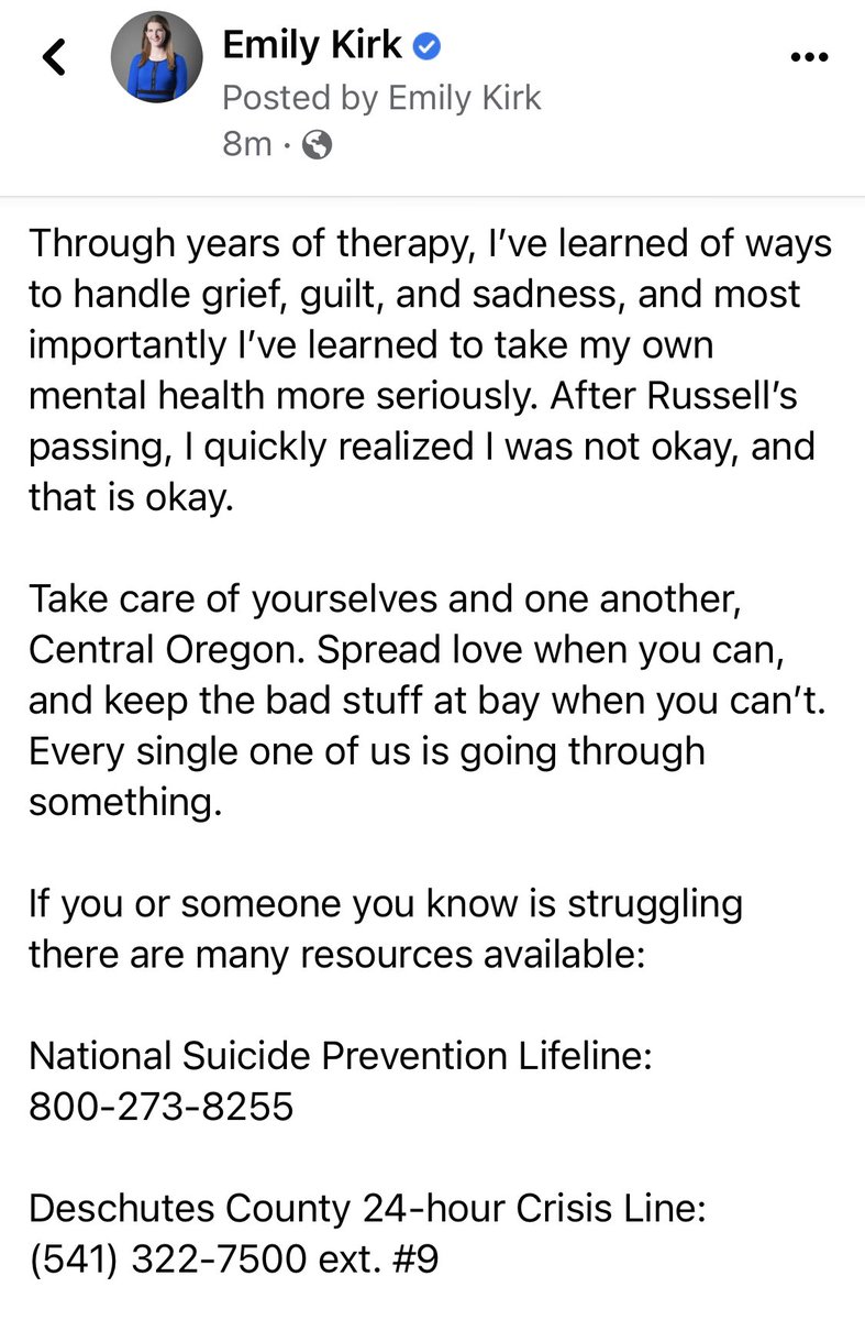 EmilyKirk_'s tweet photo. 6 years ago today my co-worker, Russell Bird, passed away #inBend.

It’s a date I’ll always wear #RedForRussell ❤️

If you or someone you know is struggling with mental health there are many ways to get help (please reach out).

National Suicide Prevention Lifeline:
800-273-8255 https://t.co/qOtNpjB7hO