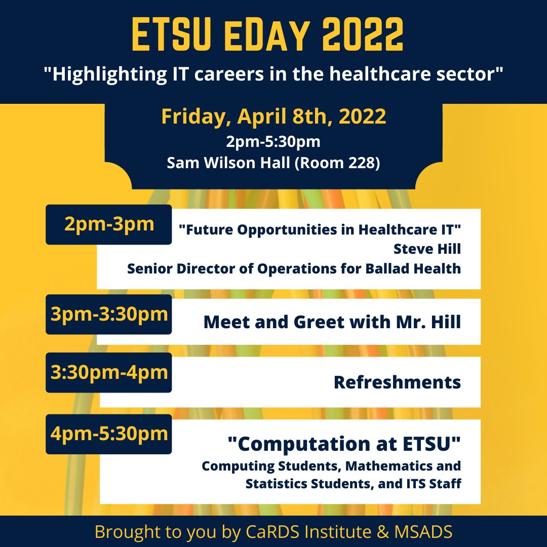 ComputingETSU's tweet photo. ETSU's 2022 eDay is coming up this Friday!

What: ETSU eDay - "Highlighting IT careers in the healthcare sector"
When: Friday, April 8th, 2022, 2pm-5:30pm
Where: Sam Wilson Hall (Room 228)

Make sure to check it out!

#ETSUComputing #eDay #ProfessionalDevelopment https://t.co/8yxURyNWoh