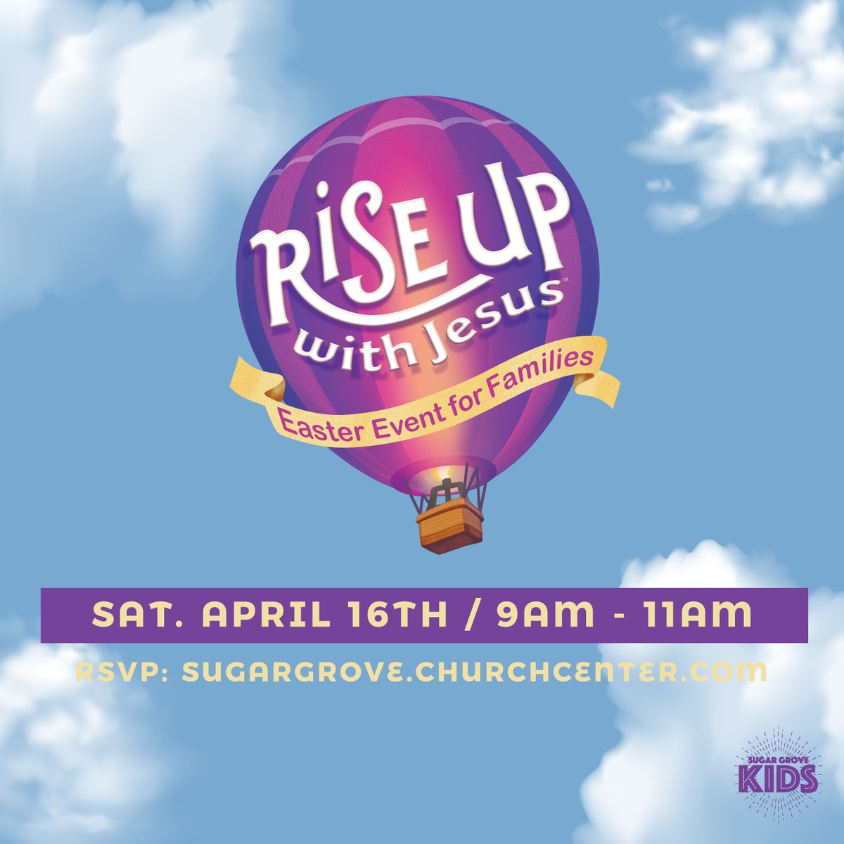 SugarGroveCofC's tweet photo. ATTENTION PARENTS! We can't wait to celebrate Easter with your family by putting on our Rise Up With Jesus Event on Saturday April 16th from 9-11am. This is an interactive experiences that goes through the events of the easter story. RSVP by going to the website on the graphic! https://t.co/xn7WuXO1Ib