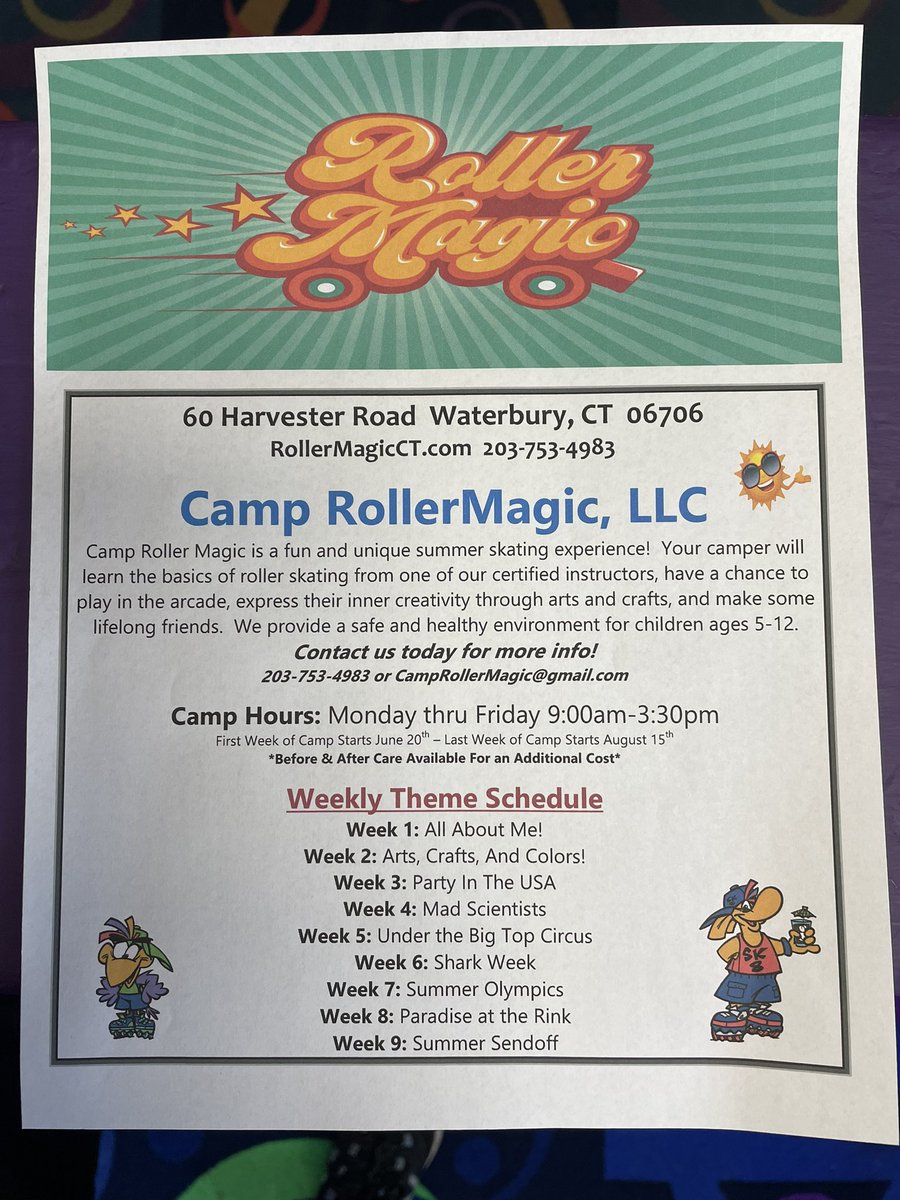 RollerMagicLLC's tweet photo. Summer Camp? Yes! Ages 5-12 Open house coming up on Thursday April 14th 5:30pm-6:30pm Stop by and check us out!! CampRollerMagic https://t.co/Eh9NKSq4VU