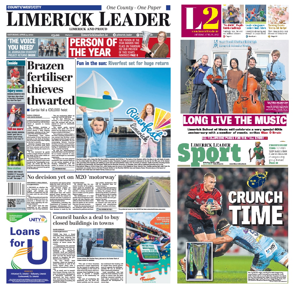 Limerick_Leader's tweet photo. It's Wednesday which means this week's Limerick Leader🗞️is on sale NOW. In addition to all your local news and sport, we look ahead to the #LimerickPersonofTheYear awards and we feature the latest edition of @LimerickVoice from @journalismatUL | #onecountyonepaper #buyapaper https://t.co/K04PpIPbAA