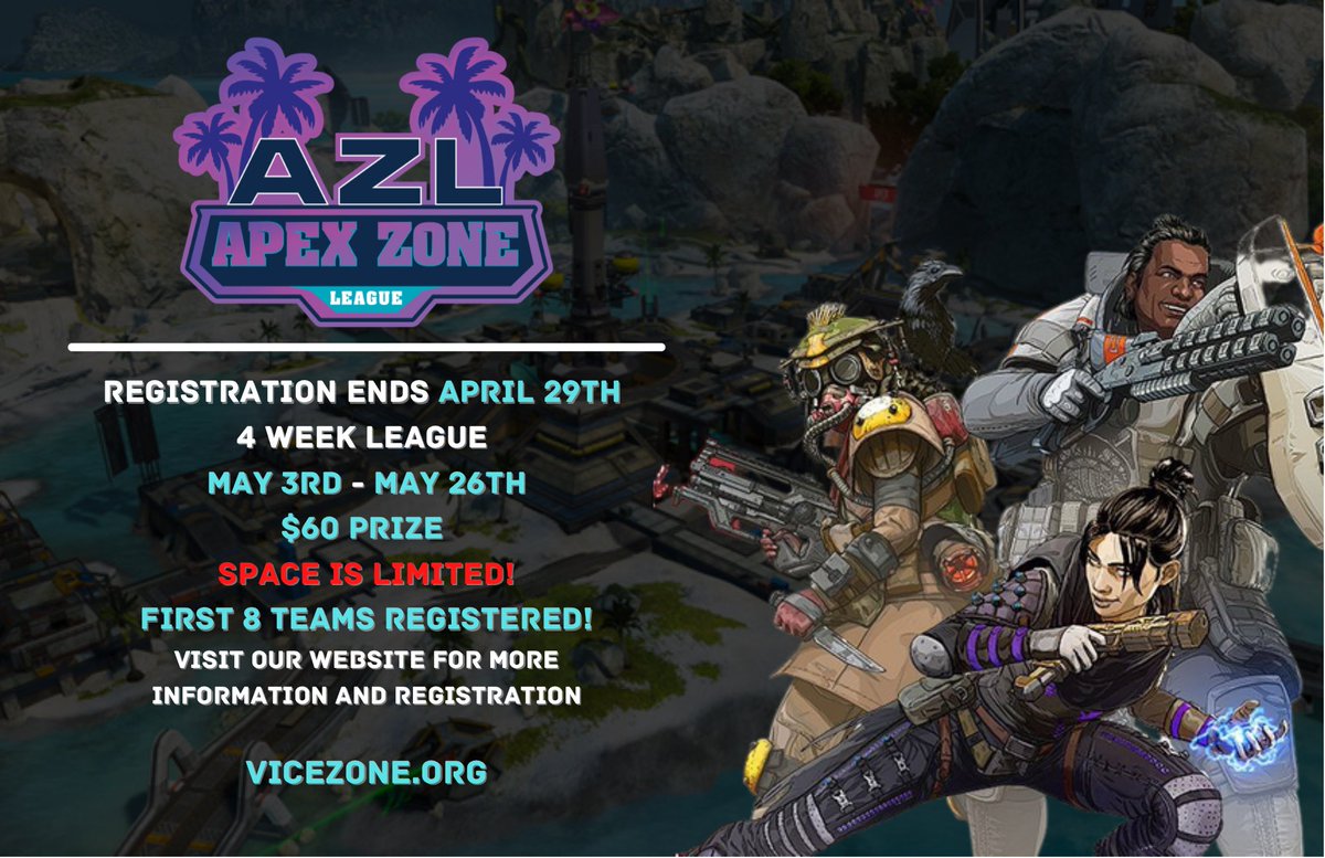 ViceZonegg's tweet photo. Season 2 of our Apex-Zone League is back! 
Our 4 week long KillRace League.
Space is limited!! 
For more information and registration
Visit our website! 
📝 https://t.co/vSVU0xWkKx
#ApexLegends https://t.co/6zr6ie9CsN