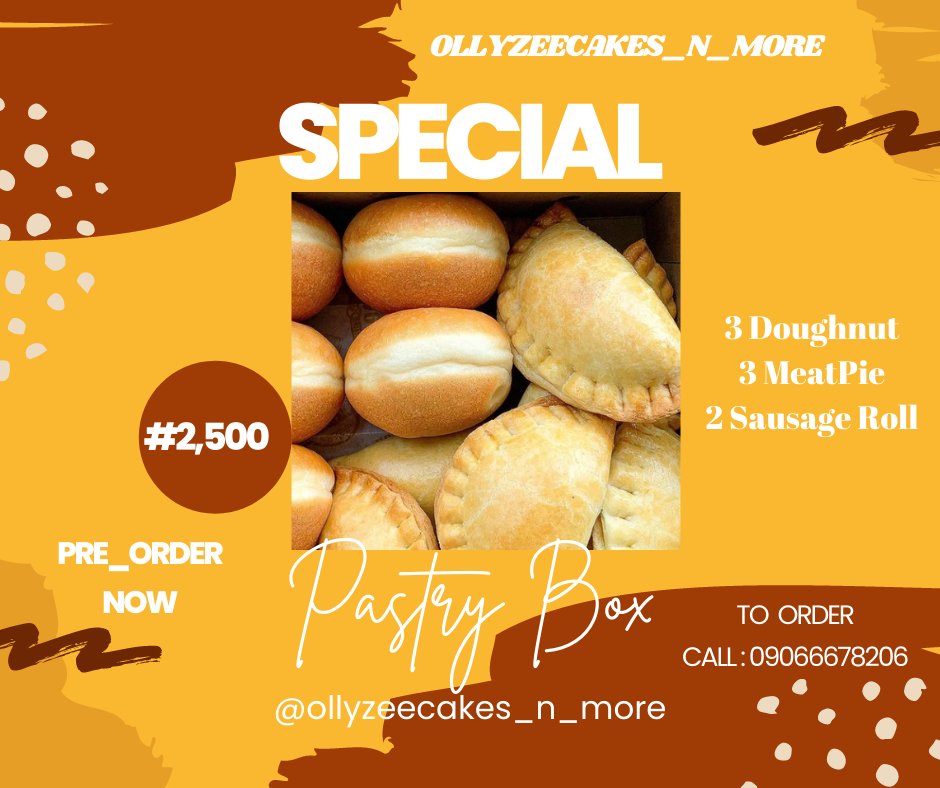OllyzeeCakes's tweet image. Ollyzeecakesnmore Special Pastry Box
* 3 Doughnut
* 3 MeatPie
* 2 Sausage Roll
#2,500
Delivery is not FREE....
.
Kindly Use The Link on Our Bio To Place Orders 📝📝📝
.
#pastrybox#pastryboxinosogbo#osogbobaker#osuntwittercommunity#insideosogbo#osogbotwittrrcommunity#ollyzeecakes