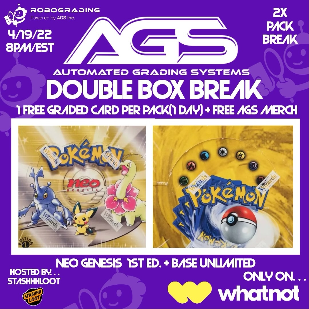 agsgrading's tweet image. AGS/ROBOGRADING's 
1st OFFICIAL WHATNOT STREAM

April 19th, LIVE on WhatNot @ AGS HQ Studio

Each bid will be for 2 packs + extras 
#ai #robograding #ags #whatnot #dontmissit #freemerch