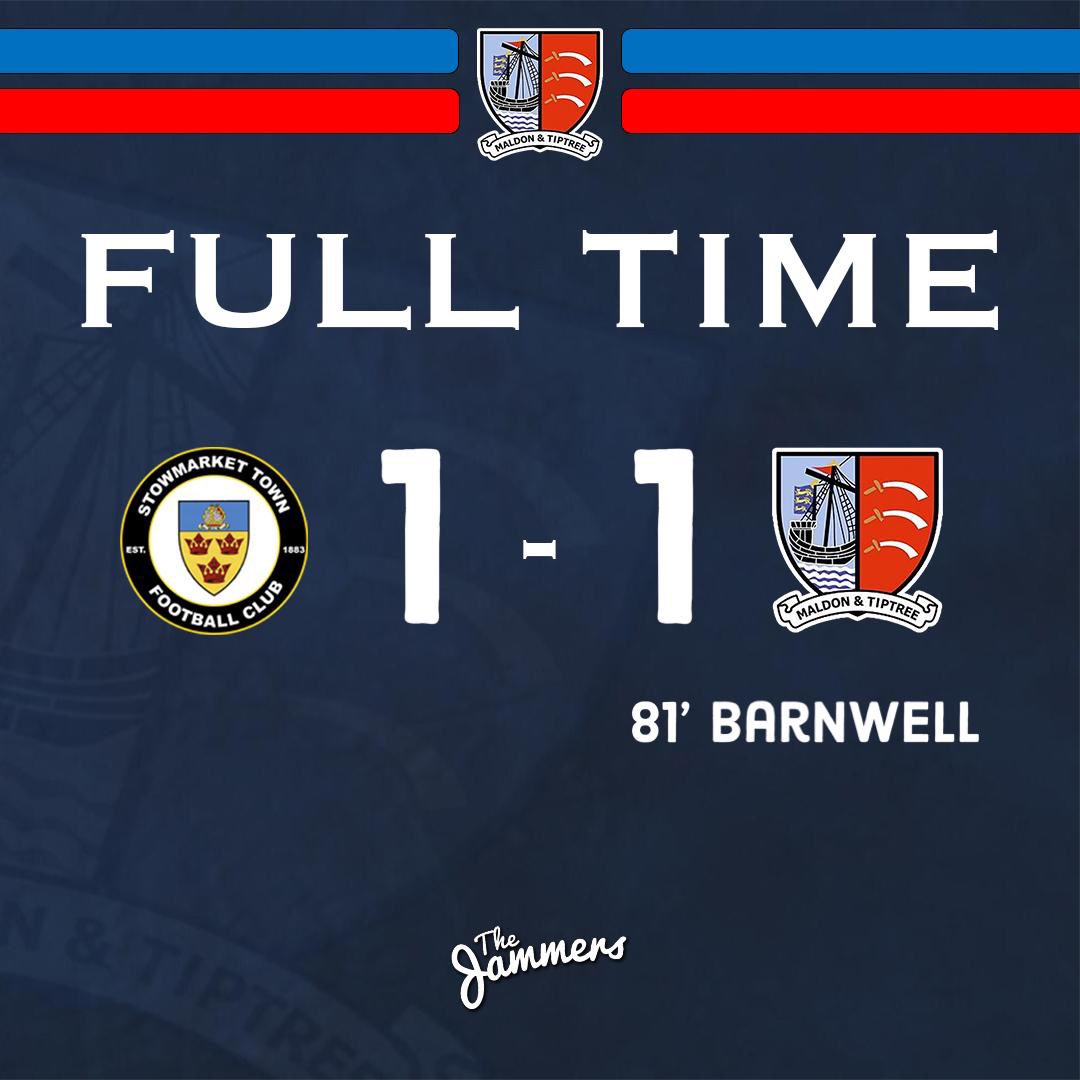 MaldonTiptreeFC's tweet photo. FULL TIME | @stowtownfc 1-1 @MaldonTiptreeFC 

A lob from @srb9mula ensures we don’t travel back to Essex empty handed.

#Jammers 🍓 #STOMAL https://t.co/Fo1RJkKC3i