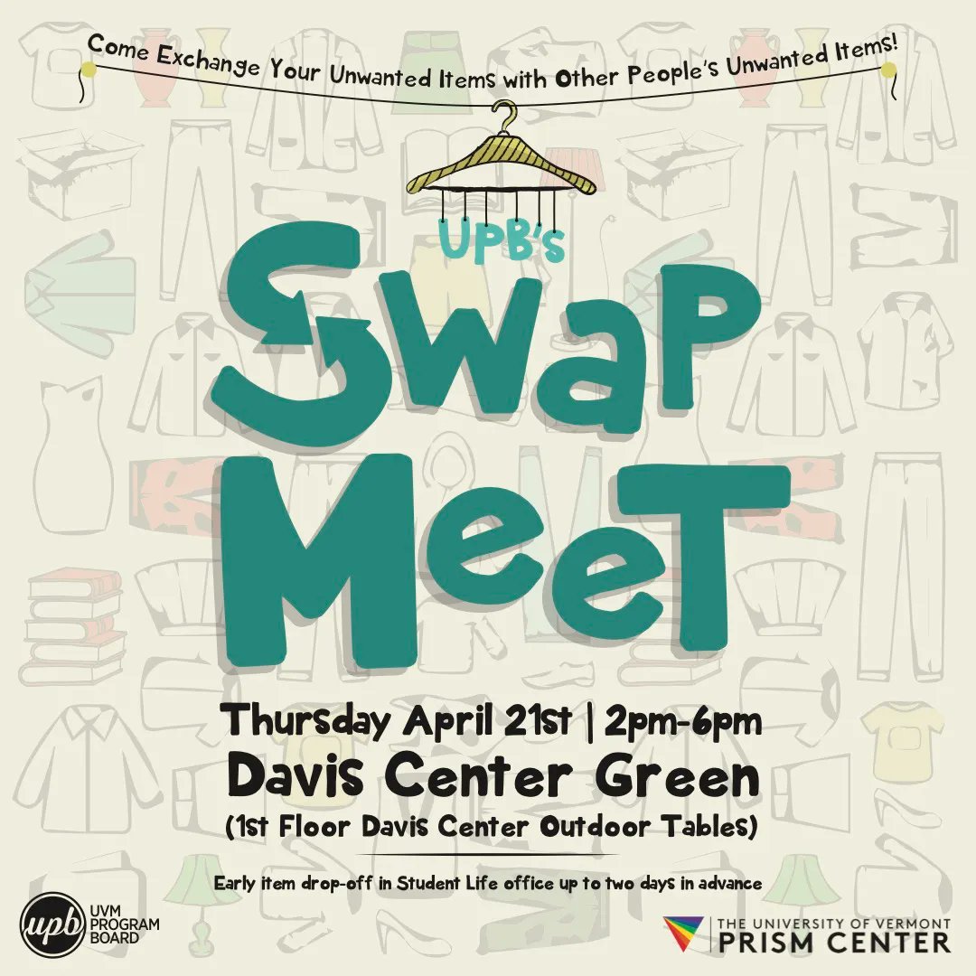 Come exchange your clothes, lamps, books, or anything you have lying around for something new! The Prism Center will be partnering with UPB for this gender-inclusive Swap Meet during Earth Week! Stop by the Davis Center Green from 2 PM - 6 PM on April 21st to check it out!