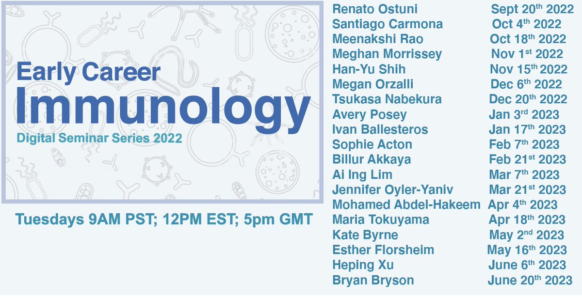 We've confirmed our second lineup🥳! Speaker information and email subscription can be found on our shiny new website: earlycareerimmunology.com. Please RT and spread the word! 🙏🙏