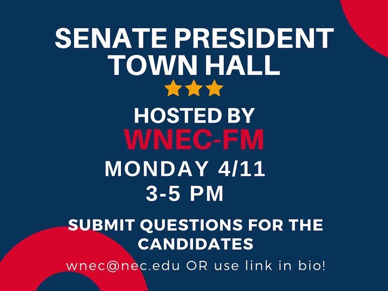 wnec_fm's tweet photo. Join WNEC-FM April 11th for our Senate President Town Hall! Come to meet the candidates, ask questions, or just say hello! If you can’t make it or want to ask an early question, you can use the QR code to add your question to our list! Stay tuned for details for Monday! https://t.co/xTX8f16uVe