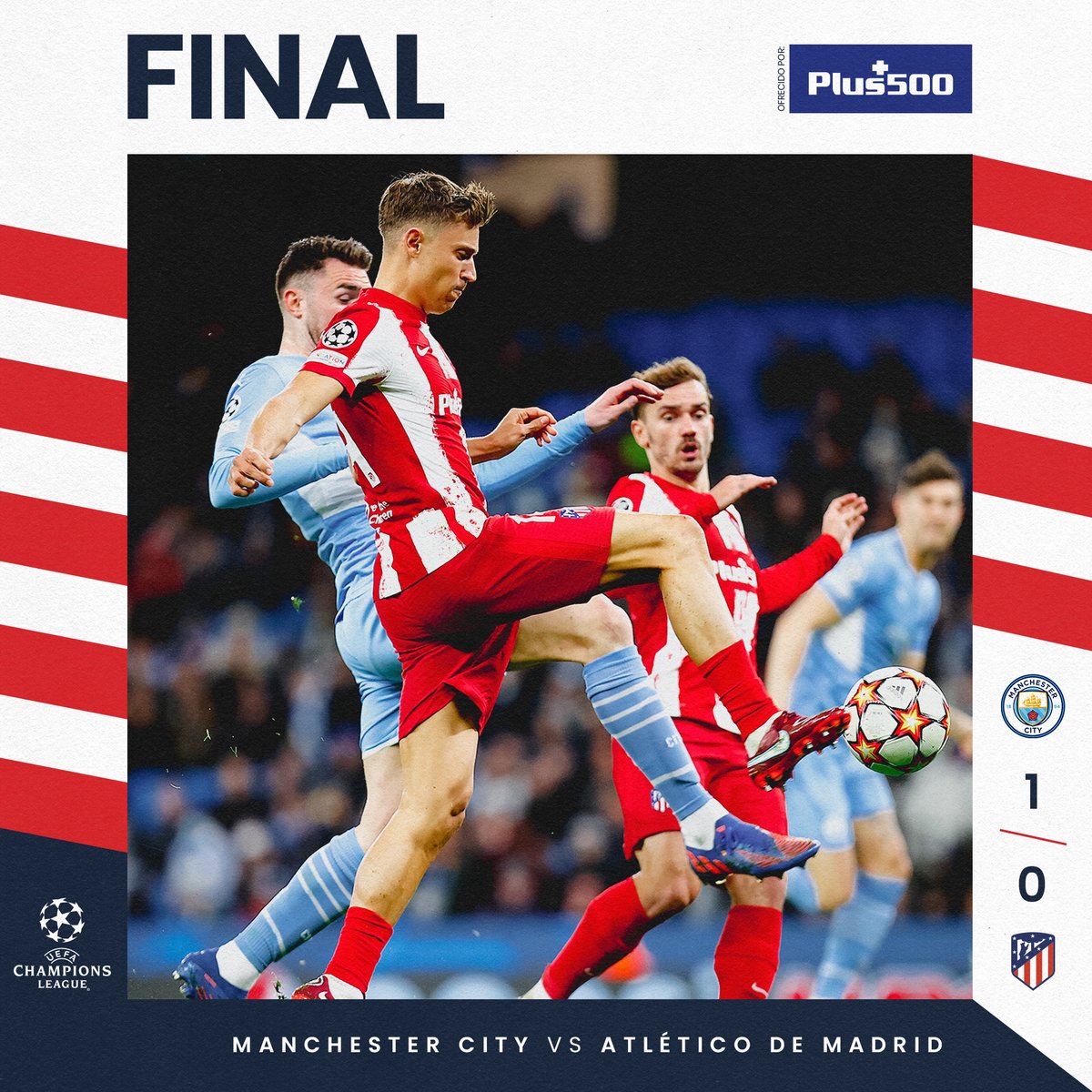 Atleti's tweet photo. Finaliza el choque en el Etihad Stadium.

¡La eliminatoria se decidirá en el Wanda @Metropolitano!

• #AúpaAtleti • #ManCityAtleti • #UCL • https://t.co/oglriH85tE