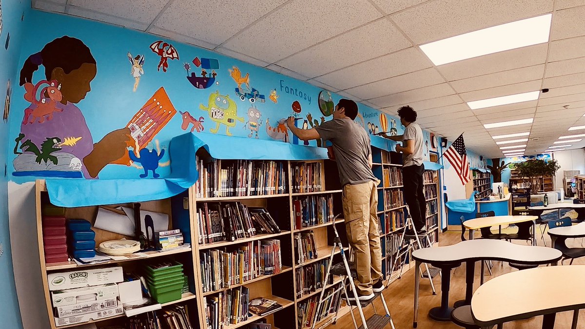 joepimentelart's tweet photo. Bringing the students drawings to life at Edith A. Bogert Elementary School in Upper Saddle River, NJ.

#pimentelmurals #uppersaddlerivernj #library #schoolmural #schoolmurals #newjersey #librarymural #mural #muralart #muralist #books https://t.co/9erQdqvXIh
