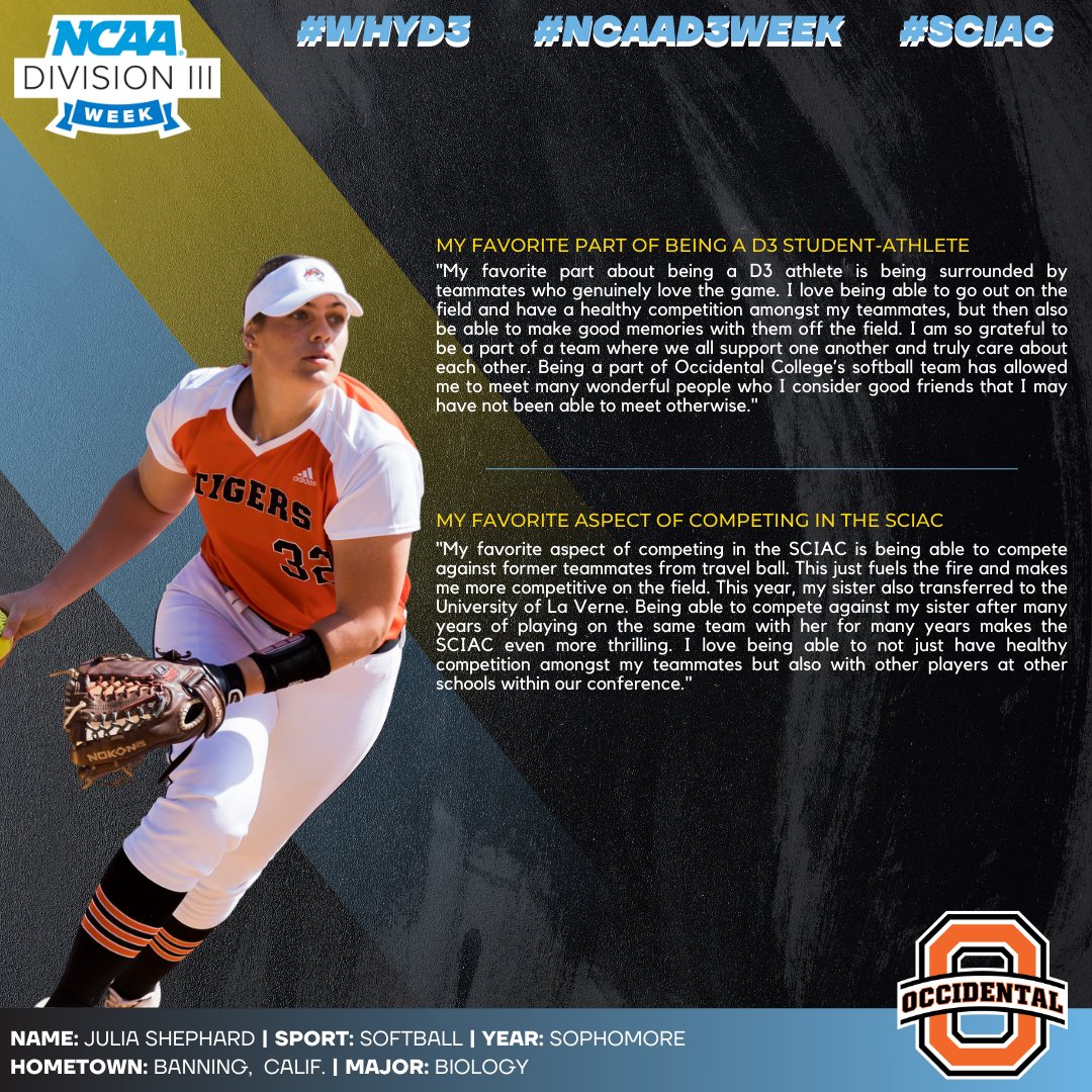 Our next #D3Week spotlight is on Julia Shephard of @OxyAthletics! #D3Week | #WhyD3