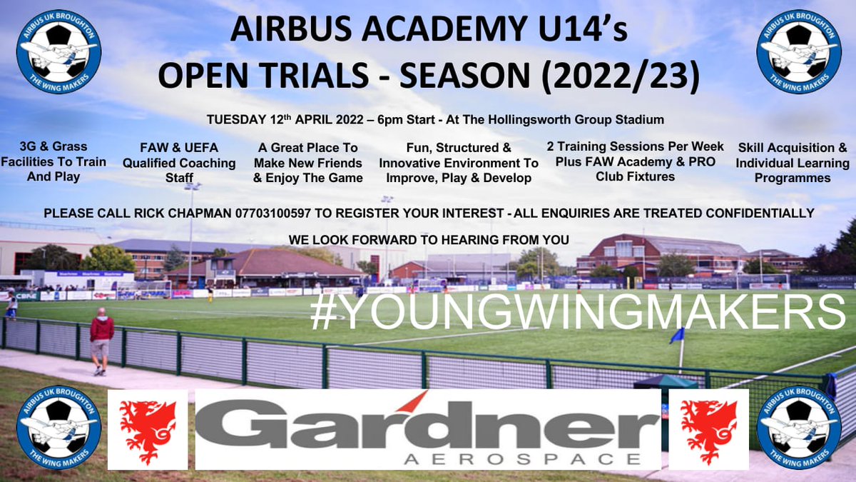 Open Trials For Next Seasons U14's Squad Start On Tuesday 12th April 2022 - 6pm Start at The Hollingsworth Group Stadium. Please Contact Rick Chapman 07703100597 To Register An Interest #youngwingmakers airbusukfc.com/news/airbus-ac…