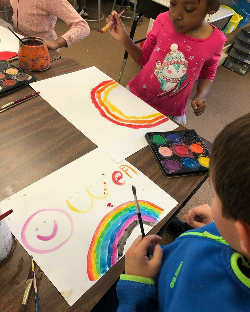 ConantArt's tweet photo. Lots of exploration happening in grade 1 this quarter. The painting center just opened and I saw lots of rainbows and different brushstrokes. https://t.co/jSNArMyCfg https://t.co/Dl8r88fV0E