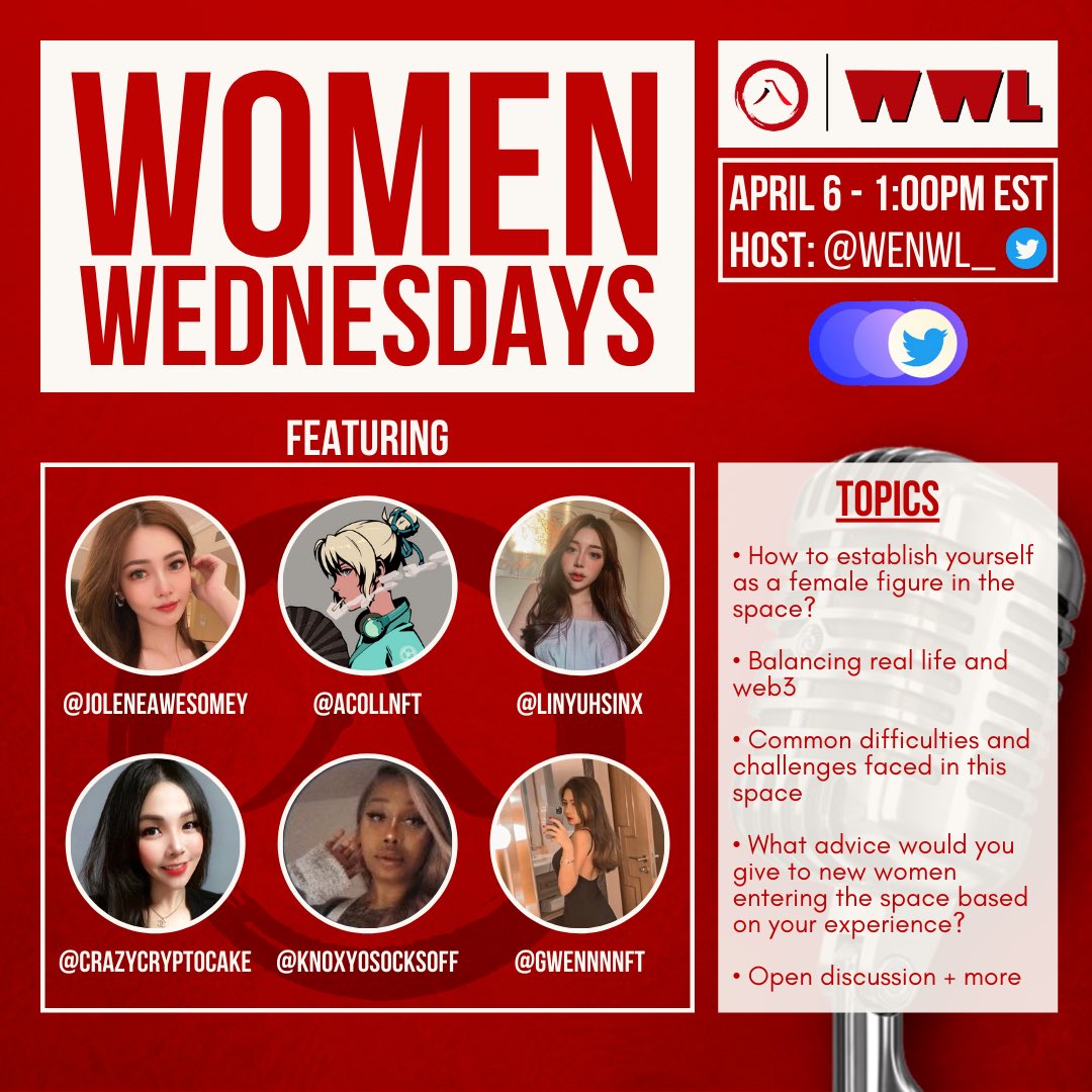 WenWL_'s tweet photo. WWL Women Wednesday:

Our first Women Wednesday spaces is scheduled with some brilliant women:

⭐️@acollNFT 
⭐️@KnoxyoSocksoff
⭐️@JoleneAwesomey 
⭐️@linyuhsinx 
⭐️@gwennnNFT 
⭐️@crazycryptocake

Set reminder: https://t.co/y4admrpbx8

RT, ❤️ and tag your favourite #WomenInNFT 👇🏽 https://t.co/tjqKObgprG