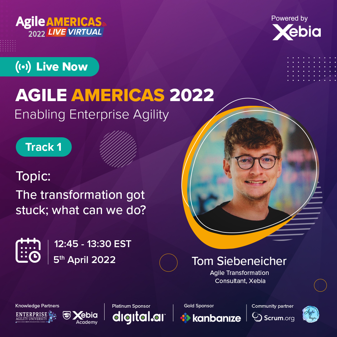 [AgileAmericas2022 | LIVE NOW] Tom Siebeneicher will share his insights on "The transformation got stuck; what can we do? ". Join the engaging talk now.
Know More – agileamericas.org

#Agile #AgileAmericas2022 #Scrum #Agiletransformation