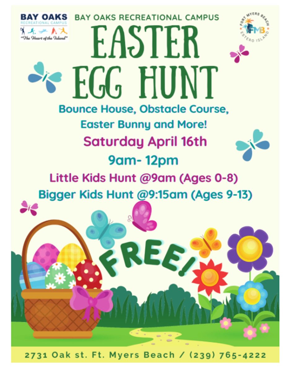 TownofFMB's tweet photo. The Easter Bunny will be at Bay Oaks along with all kinds of other fun!
#HappyEaster2022
#BayOaksRecreationalCampus
#FMB
#FMBeHere https://t.co/XJKTIkMPsU