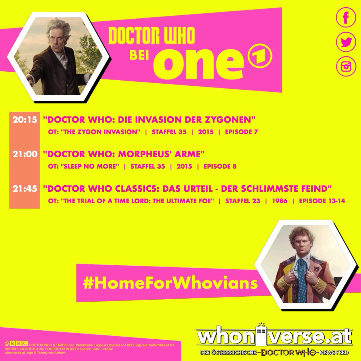 whoniverse_at's tweet photo. „Doctor Who“ im TV!
Heute Abend, ab 20:15 Uhr auf one ARD - #HomeForWhovians

#whoniverse_at #DoctorWho #TARDIS #TimeLord #BBC
#Series35 #12thDoctor #PeterCapaldi #NewWho #Season23 #6thDoctor #ColinBaker #DoctorWhoClassics #oneARD
#AustrianDoctorWhoNewsFeed #WhoviansOfAustria https://t.co/QMdGfydyYN