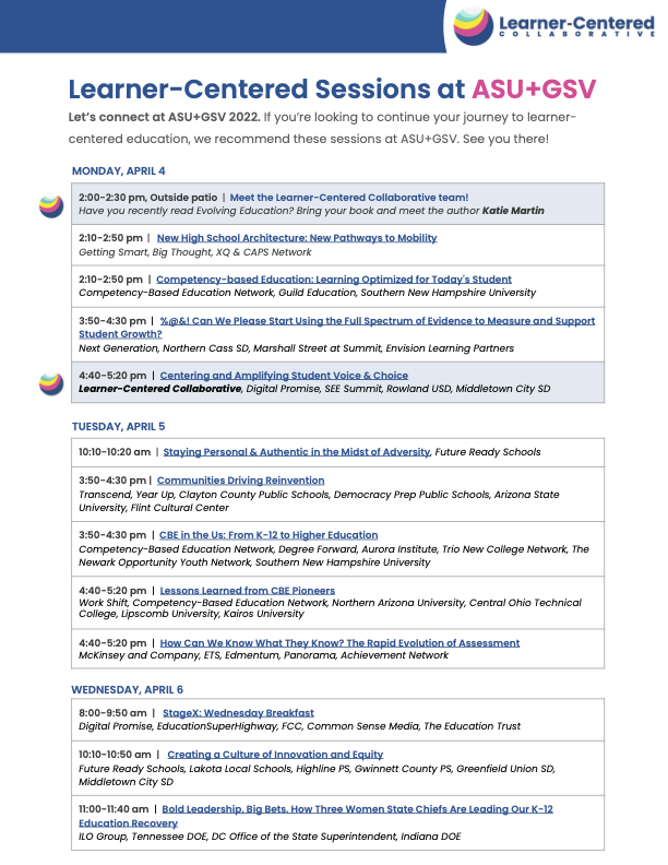 LCCollaborative's tweet photo. Looking for a #LearnerCentered focus at #asugsvsummit? Check out our curated list of sessions featuring our team members and partners in our learner-centered ecosystem to guide your day! #asugsv #asugsv22 https://t.co/OM58BZP744