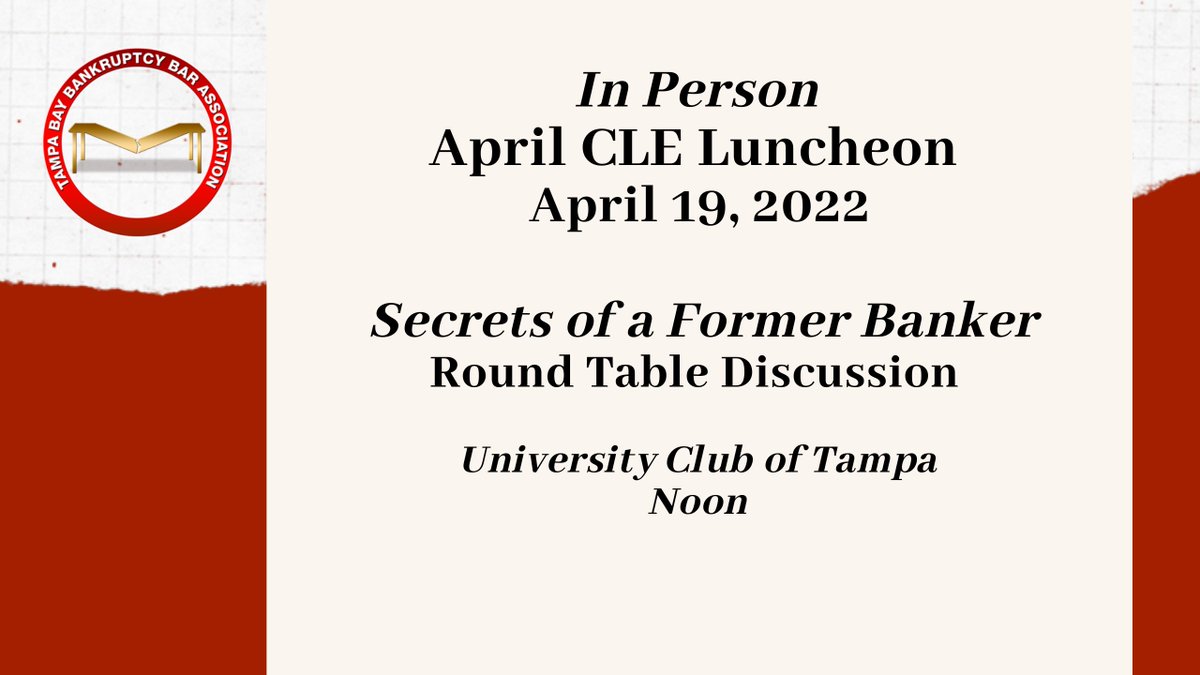 Join us on April 19 at University Club of Tampa for a Roundtable Discussion on Secrets of a Former Banker. Speakers are Steve Stagg of EROC Advisors, Megan Murray, and Barbara Hart.
tbbba.com/calendar/#!eve…