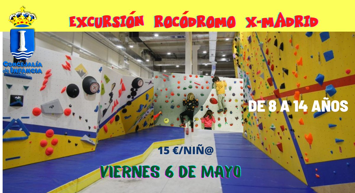 InfanciaHumanes's tweet photo. ¡ ÚLTIMAS PLAZAS!
Excursión infantil al rocódromo X-MADRID. 
Viernes, 6 de mayo, de 17:30 h a 20:30 h. 
De 8 a 14 años.  
15 € /niñ@. Incluye transporte, entrada y monitores.
Inscripciones online https://t.co/kDcqJWXA9B https://t.co/zfQuWhlHLG