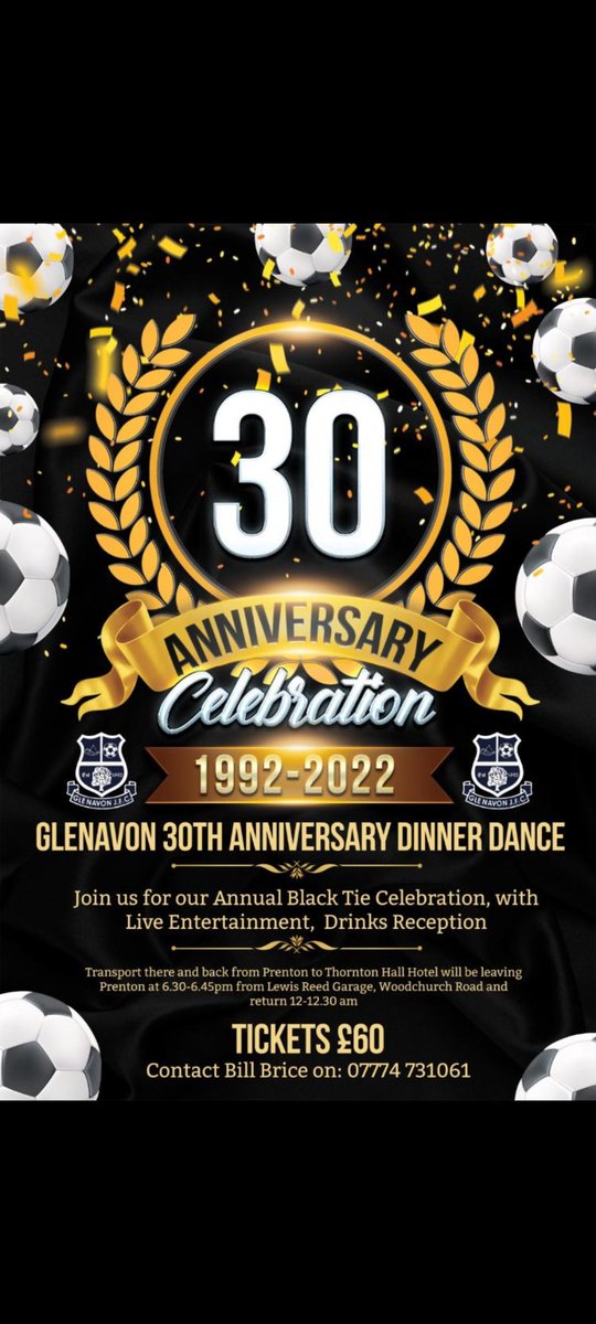 GLENAVONJFC1992's tweet photo. We would proudly like to announce our 30th Anniversary Black Tie Dinner Dance!!

Please join us for what is set to be a fantastic  evening.
 
Saturday 24th of September at Thornton Hall Hotel. 

Menu to be released in the coming days. https://t.co/RS0oMGpTQD