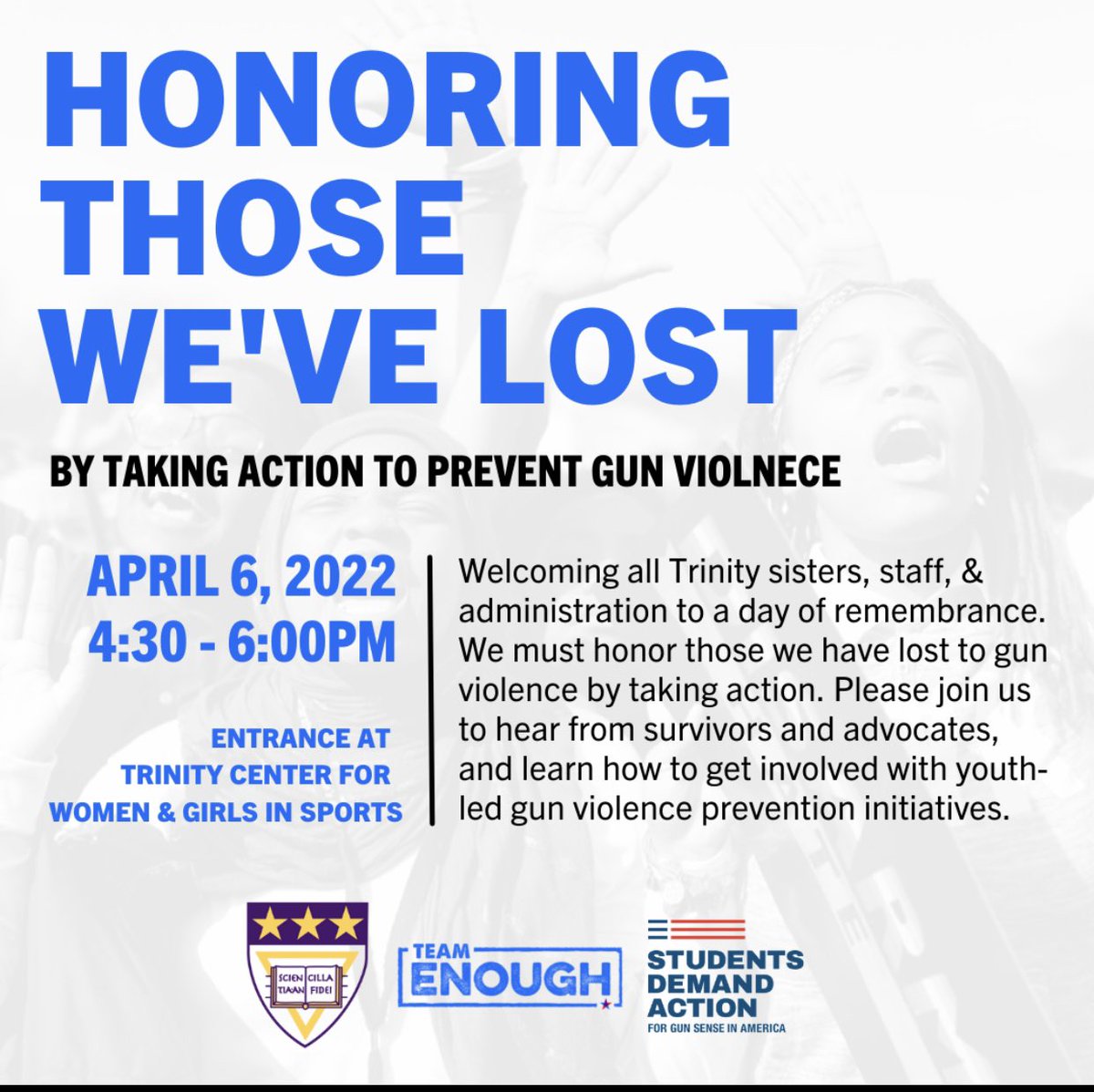 Tomorrow!! Be there or be 🟦!
<a href="/StudentsDemand/">Students Demand Action</a> <a href="/Team_Enough/">Team ENOUGH</a> <a href="/TrinityDC/">Trinity Washington University</a>