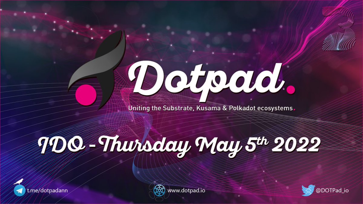 🔥#DOTPAD WILL LAUNCH ON MAY 5th!

🤯The first locked in #IDO is an absolute mind-blower and more IDO's are on the way!

💎Mcap: $290k

🗒Whitelist
app.viralsweep.com/sweeps/full/15…

✅Do you know of a project building on #Polkadot? Fill in the IDO application form!
forms.gle/mn8unKmsQRWkxn…