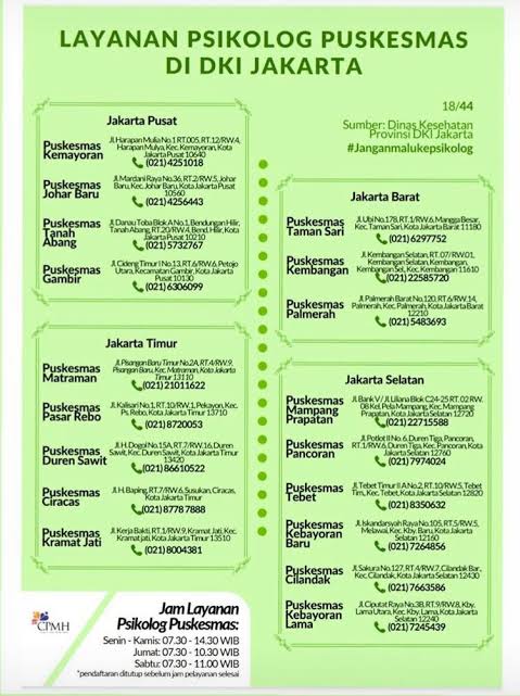 <a href="/Upil_Jaran2/">𝖀𝖕𝖎𝖑 𝖏𝖆𝖗𝖆𝖓</a> Buat temen-temen yg ga berhasil hubungin nomer  itu, bisa juga coba kontak carilayanan.com ya atau puskesmas terdekat 
Beberapa contoh puskesmas yg ada psikolog bs dilihat di gbr ini
Jangan diagnosa sendiri ya, yuk cari ahli

#KAMUBERHARGA #JANGANMALU #KEPSIKOLOG