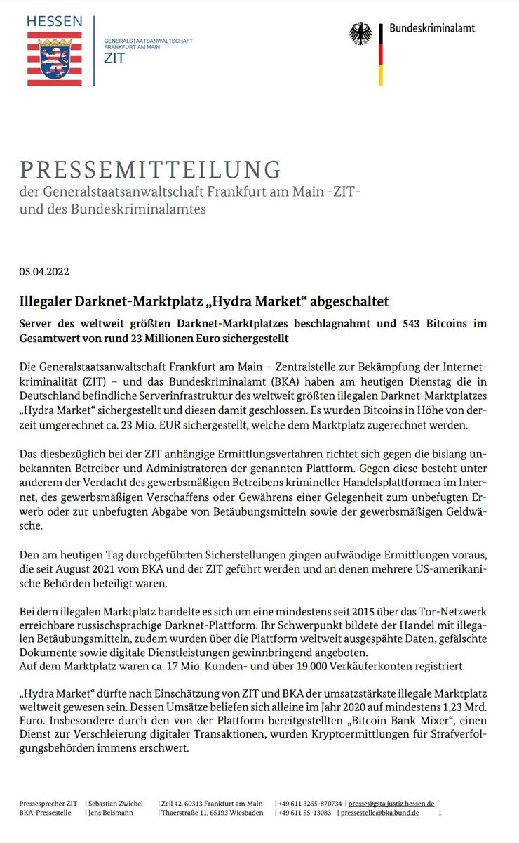German Police have taken down Hydra market. Russian language Hydra is the world's largest &amp; most profitable; over 1. 2billion euros a year in transactions. Servers taken offline, 23million euros in escrow seized, 17million buyer's details, &amp; 19,000 vendor accounts.