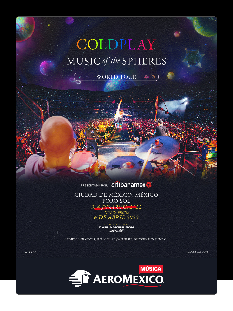 Aeromexico's tweet photo. Se parte de Music of the Spheres y vive uno de los conciertos más esperados. 

✏️ Regístrate: https://t.co/edKCnnSFph
📄 Da RT integrado #AeroméxicoMúsica 
♥️ Etiqueta a la persona más especial en tu vida, dinos por qué quieres vivir este concierto a su lado https://t.co/79679YehmQ