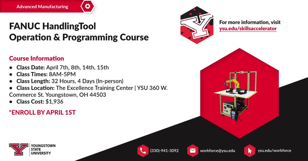 YSU_Workforce's tweet photo. !DEADLINE EXTENDED!

You now have until the end of the day TODAY to sign up for the FANUC HandlingTool Operation and Programming course!

ENROLL HERE: https://t.co/v3HxENqP24 https://t.co/oT7A17lu6z