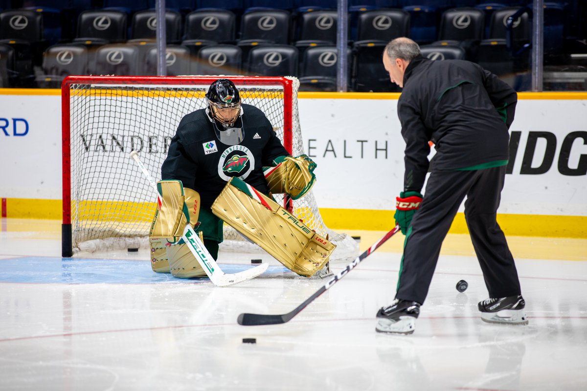 Our starting gold-tender tonight sporting some shiny new pads at morning skate in Nashville. #mnwild