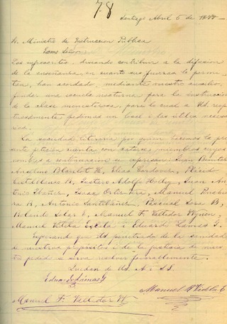 Al Ministro de Instrucción Pública: Solicita local y útiles para abrir una Escuela nocturna. Santiago, 5 de abril de 1878.

#Documento perteneciente a la #colecciónDigital Creación de Escuelas en Chile (1860-1920). <a href="/ANdeChile/">Archivo Nacional</a>