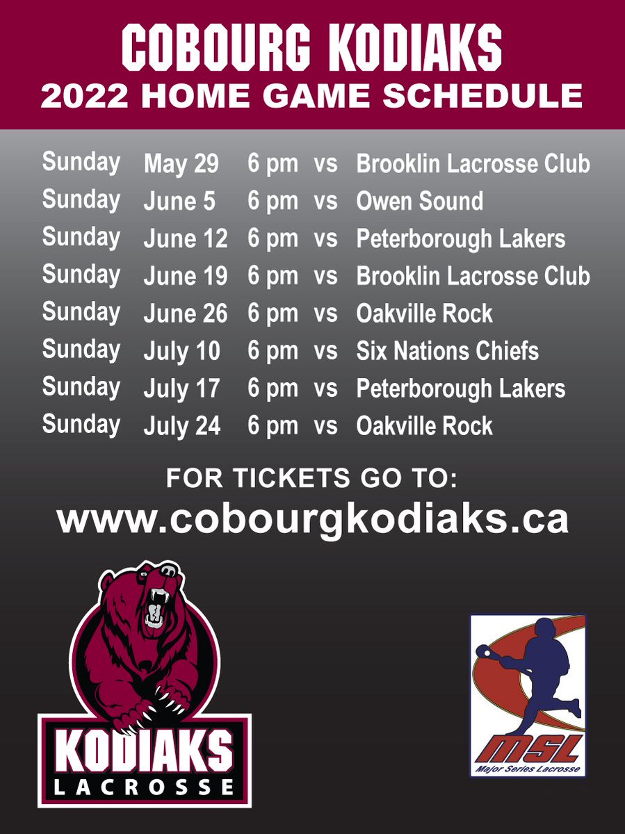IT'S OFFICIAL! WE ARE BACK!!! Check out our website for ticket information! #KodiaksCountry #RoadToTheMannCup <a href="/Cobourg_CCC/">Cobourg Community Centre (CCC)</a> <a href="/MajorSeriesLax/">Major Series Lacrosse</a> <a href="/OntarioLacrosse/">Ontario Lacrosse</a> <a href="/NemesisLacrosse/">Northumberland Lacrosse (Nemesis)</a> @QuinteLacrosse <a href="/claringtongaels/">Clarington Lacrosse</a> <a href="/PtboMinorLax/">Peterborough Minor Lacrosse Association</a>