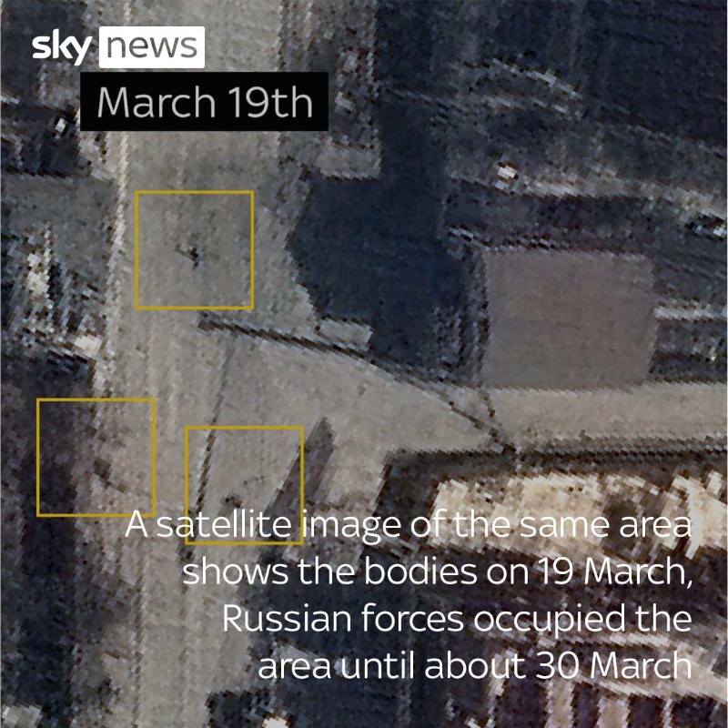SkyNews's tweet photo. Satellite images seem to show at least nine bodies have been lying in a street in Bucha for weeks, appearing to dispute Russian claims that the killings occurred after they left.

Russia says it'll present evidence to the UN Security Council to prove its forces weren't involved