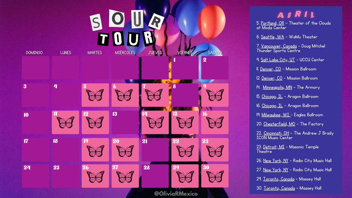 OliviaRMexico's tweet image. #SOURTour 
— Abril 2022

Hemos realizado un calendario con todas las fechas y locaciones de los show del tour en abril 💜