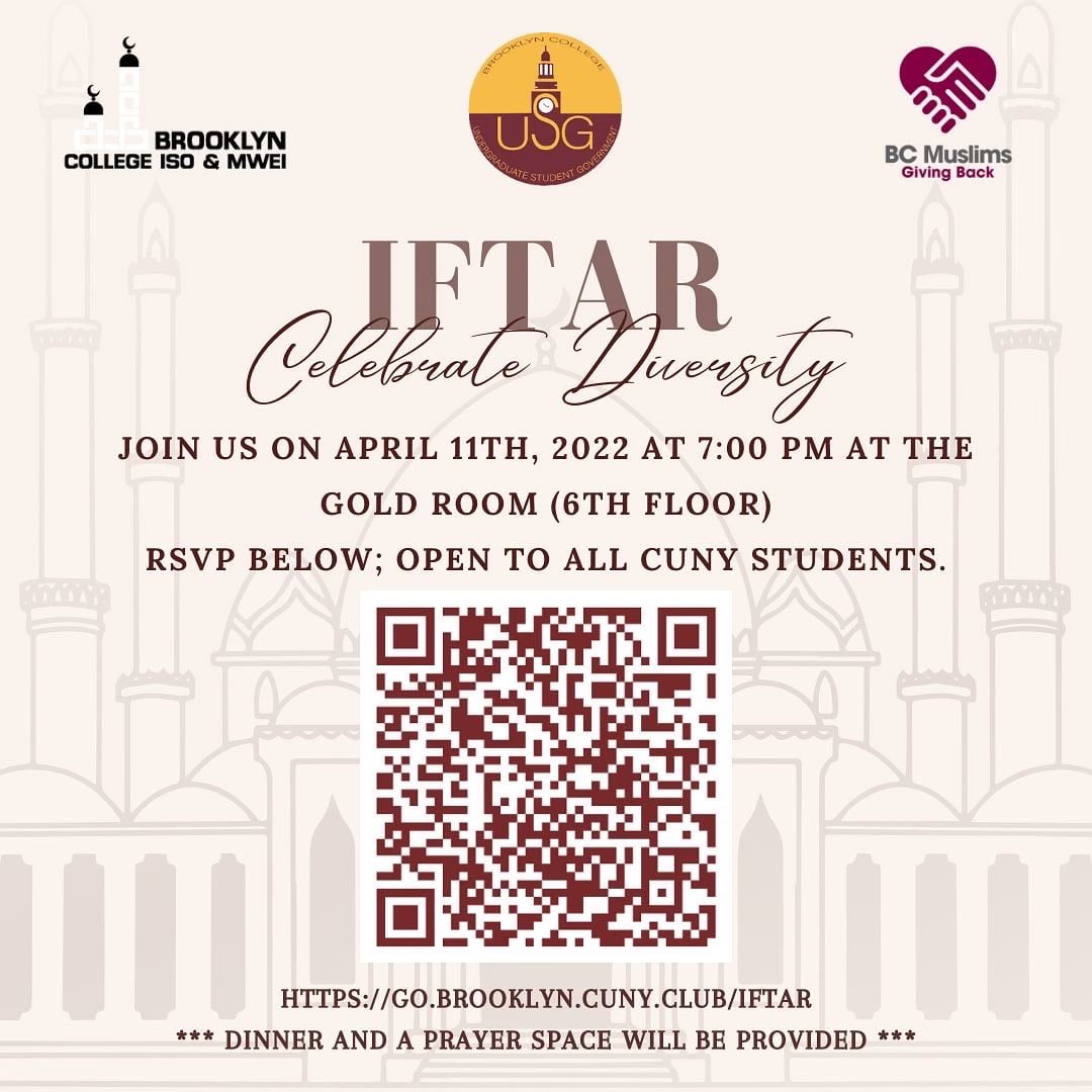 BC Women's Center (@bcwomenscenter) on Twitter photo Join <a href="/BCStudentGov/">Brooklyn College USG</a> & other organizations for a grand Iftar dinner!
Learn about the month of Ramadan from Muslim students & break bread w/peers, 4/11 at 7pm at the Student Center, 6th FL in the Gold Rm
Register: go.brooklyn.cuny.club/iftar
Cleared4 pass: go.bcstudentgov.org/request-c4 Join <a href="/BCStudentGov/">Brooklyn College USG</a> & other organizations for a grand Iftar dinner!
Learn about the month of Ramadan from Muslim students & break bread w/peers, 4/11 at 7pm at the Student Center, 6th FL in the Gold Rm
Register: go.brooklyn.cuny.club/iftar
Cleared4 pass: go.bcstudentgov.org/request-c4