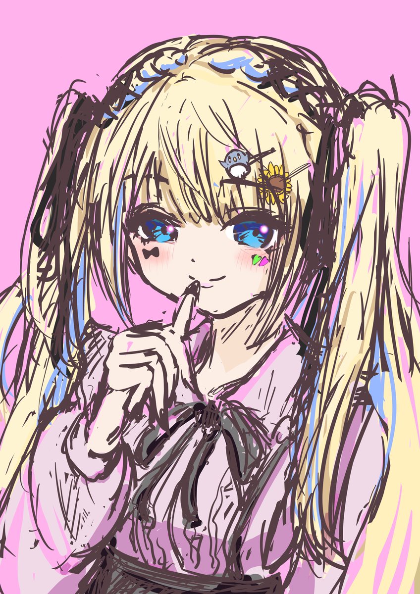 1girl solo blonde hair blue eyes smile jirai kei pink background  illustration images