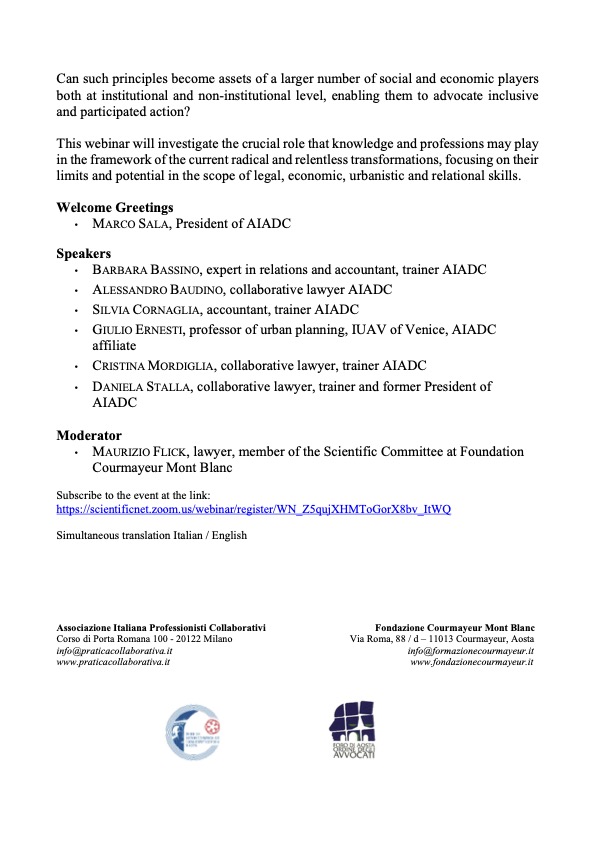 📍giovedì 21 aprile.Ore 17,00. Piattaforma #zoom.Webinar #aiadc con <a href="/FCourmayeur/">FondazioneCourmayeur</a>.
Le professioni, le istituzioni e la società civile con la forza della #collaborazione possono cambiare il mondo? #praticacollaborativa.  #WCIW #WCID <a href="/WorldCreativity/">World Creativity & Innovation Week/Day</a> @IACPNews.
Perchè #Iamcreative!