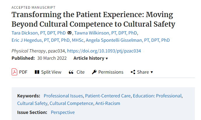 PTJ: Journal of APTA (@ptjournal) on Twitter photo New work from <a href="/TaraDPTPhD/">Tara Dickson</a> and colleagues argues improving focus on cultural safety, vs cultural competency alone, may
➡️improve healthcare delivery by shifting power to patients
➡️prompt providers to reflect and act on their own assumptions
Read more: academic.oup.com/ptj/advance-ar… New work from <a href="/TaraDPTPhD/">Tara Dickson</a> and colleagues argues improving focus on cultural safety, vs cultural competency alone, may
➡️improve healthcare delivery by shifting power to patients
➡️prompt providers to reflect and act on their own assumptions
Read more: academic.oup.com/ptj/advance-ar…