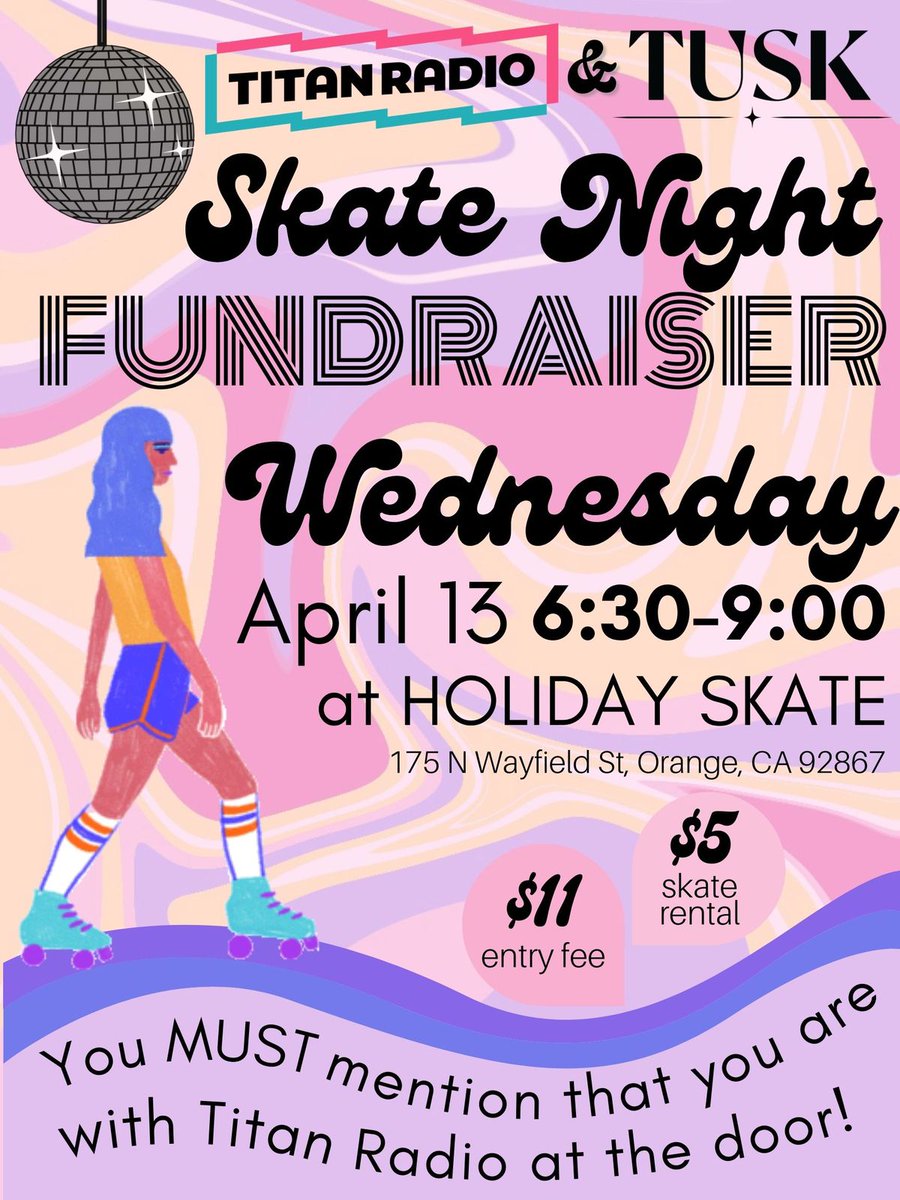 titanradio's tweet photo. Join us and @Tusk_Magazine for Skate Night, next Wed 4/13 at Holiday Skate in Orange! Don't forget to mention that you are with us at the door! Hope to see you there!! https://t.co/KKjNqoizgF