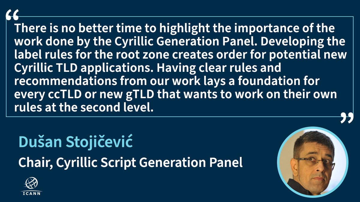 Cyrillic Generation Panel Chair Dušan Stojičević shares how their GP work has laid the foundation for Cyrillic #InternationalizedDomains, ccTLDs, and new gTLDs. 

RZ-LGR-5, which integrates 26 scripts, is now open for Public Comment here: go.icann.org/3JcGb2f #ICANN