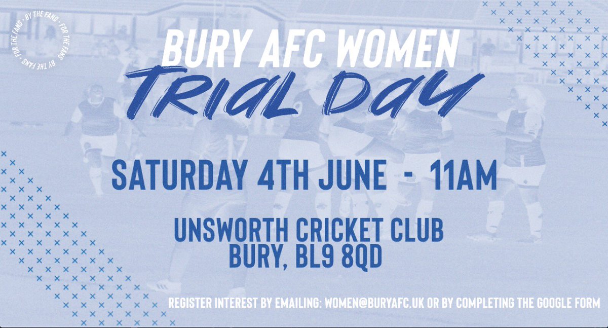 BuryFCU23's tweet photo. ⚪🔵 OPEN TRIALS ⚪🔵

Want to be part of a successful team with amazing support from the main club? Pay NO training or match day fees and get many other benefits. Then register for our recruitment day…

https://t.co/0QGVNJ3tLx

#BuryAFC | #OnOurWay | #ProudToBe https://t.co/BZBsx8S1ul