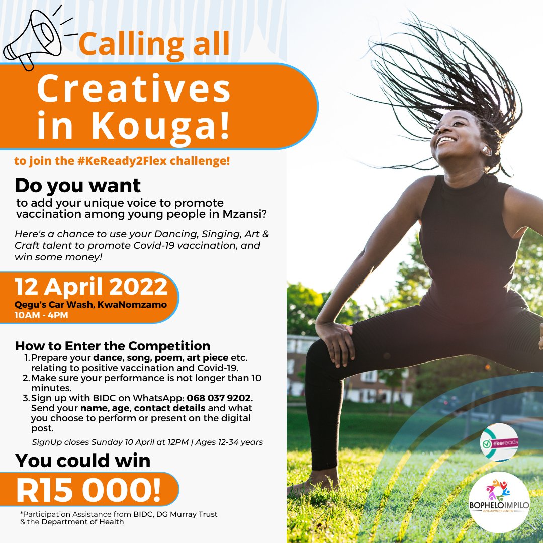 Bidc_npo's tweet photo. Ready to WIN some money for a good cause?!!๐๐
Here's a chance to use your Dancing, Singing or Art & Craft talent to promote Covid-19 vaccination, and win some money!
Calling all Creatives in Kouga to join the #KeReady2Flex Sign Up Here: https://t.co/Rmj3xAg1pr
#Vaccination https://t.co/E4DEcIKBd1