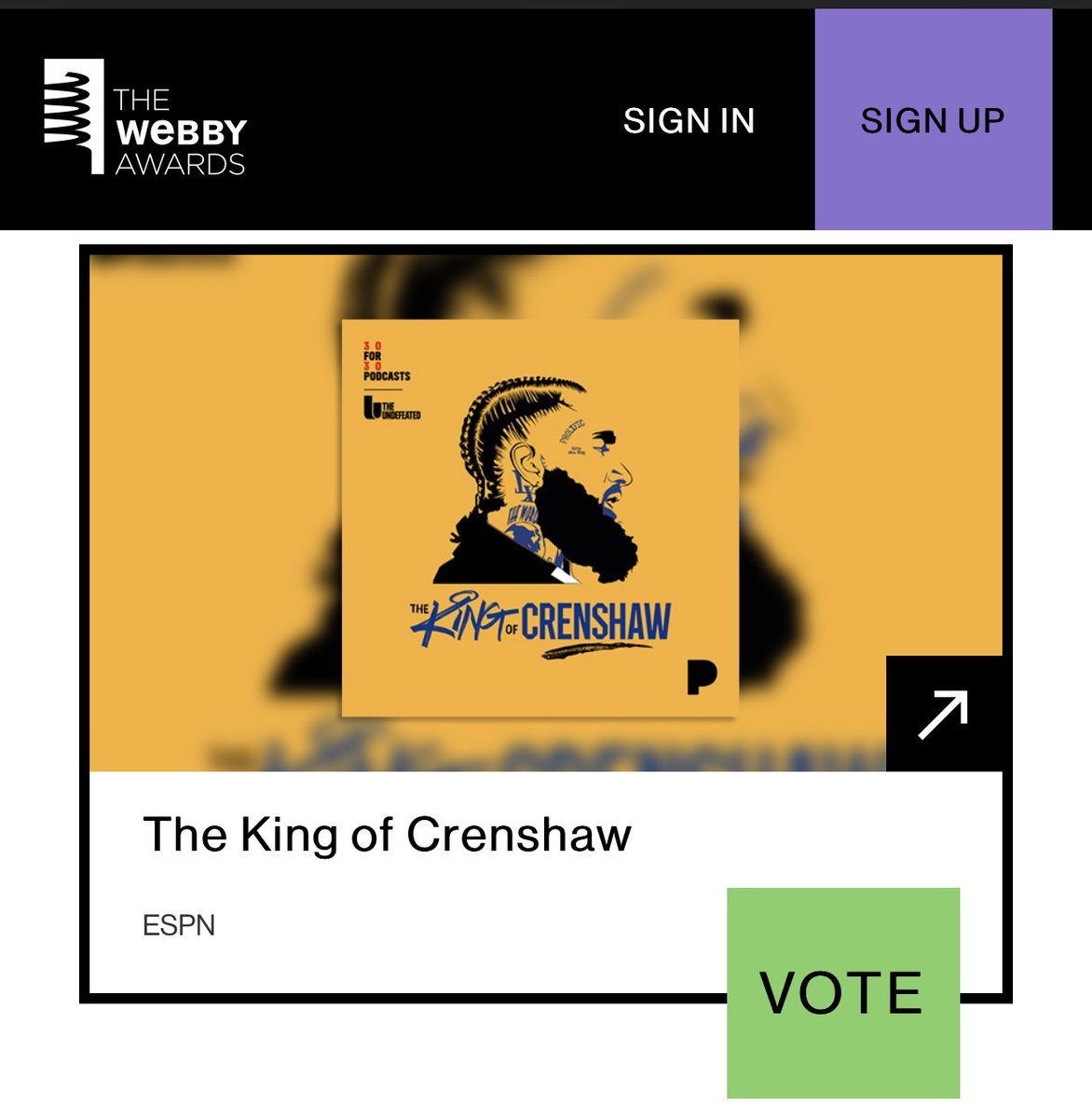 "It's a long story I been busy workin'..." — <a href="/NipseyHussle/">THA GREAT</a> 

<a href="/TheWebbyAwards/">The Webby Awards</a> has recognized "The King of Crenshaw" in its Best Podcast Documentary — Limited Series category. Now let's turn "nominated" into "award-winning." 🏁

VOTE: vote.webbyawards.com/PublicVoting#/…